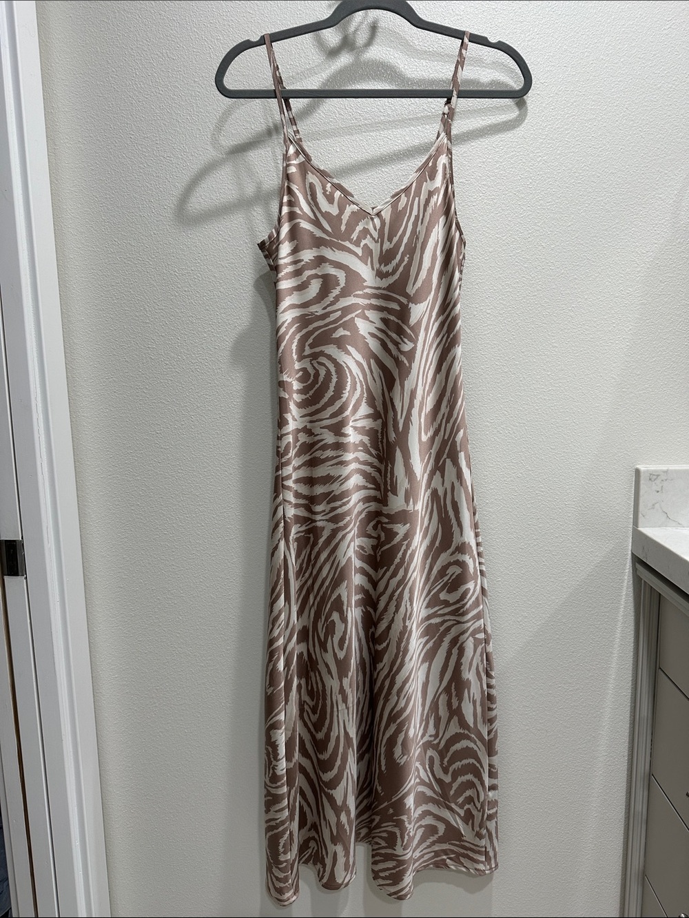 Taupe Zebra-Print Slip Midi Dress with V-Neck